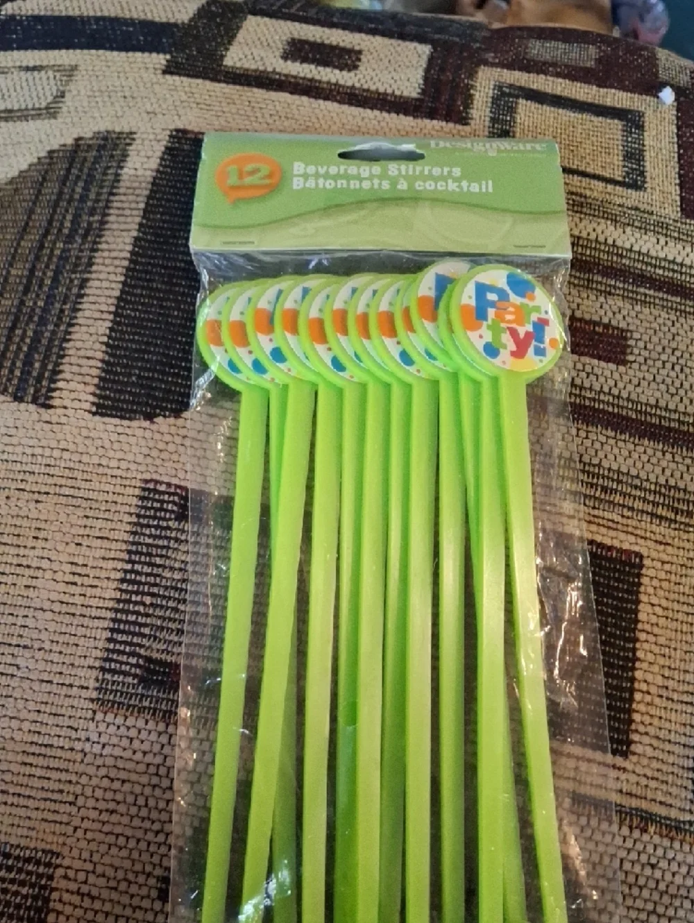 DesignWare Lime Green Beverage Stirrers with Colorful 'Party' Topper - 12 Pack